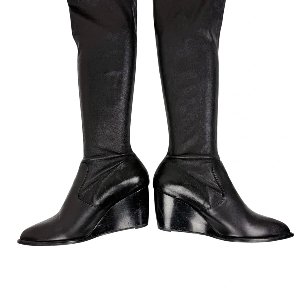 Robert Clergerie Black Leather Over the Knee‎ Thigh High Wedge Boots Point Toe 7